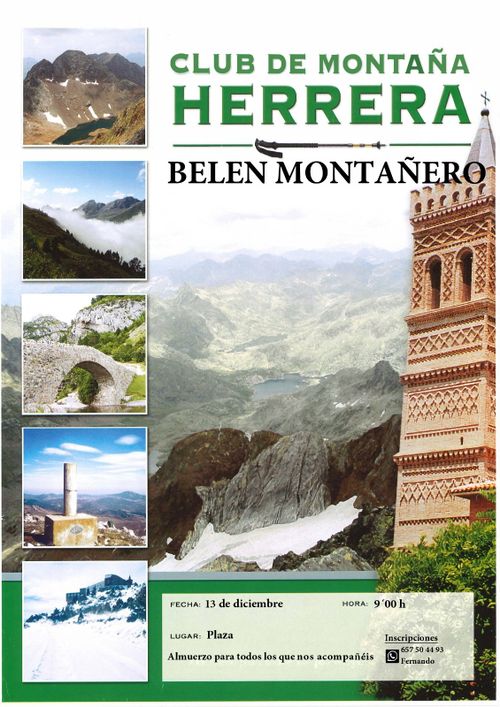 Cartel del evento, titulado con "Club de Montaña Herrera, Belén Montañero", hay fotos de paisajes y la torre mudéjar de la iglesia del pueblo. Abajo aparece información del evento, que será el 13 de diciembre a las 9 desde la plaza. Habrá almuerzo.