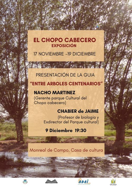 Cartel de la presentación de la guía "Entre árboles centenarios", de la mano de Nacho Martínez, gerente del parque cultural del Chopo Cabecero, y Chabier de Jaime, profesor de biología y exdirector del parque. También se anuncia la exposición sobre el chopo cabecero, del 17 de noviembre al 19 de diciembre. Todo ello en la Casa de Cultura de Monreal del Campo.
El fondo del cartel son unos chopos cabeceros a la orilla del río.