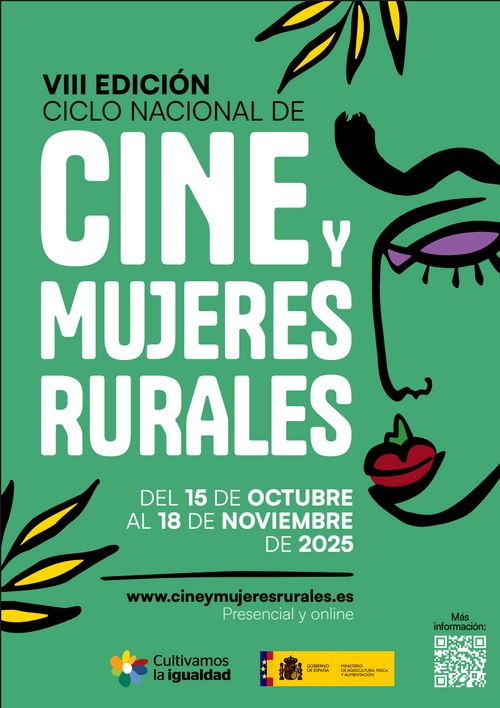 Cartel de la VIII edición del ciclo nacional de Cine y Mujeres Rurales, del 15 de octubre al 18 de noviembre de 2025. El título del festival aparece en letras mayúsculas blancas sobre fondo verde, a la derecha un dibujo abstracto de la cara de una mujer. Abajo aparece el logo del Ministerio de Agricultura, Pesca y Alimentación, junto con el del programa "Cultivamos la Igualdad".